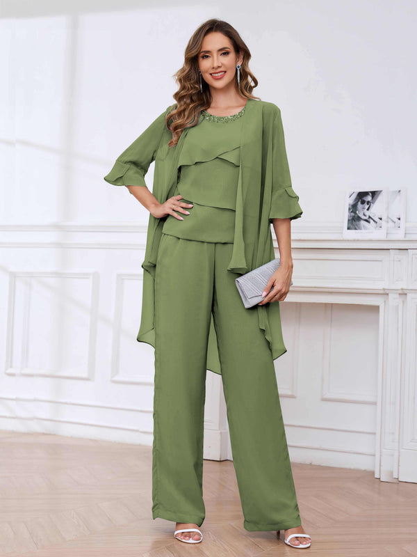 Olive Green Bold Scoop Neck Three Pieces Sequins Chifon Mother Of The Bride Jumpsuit Pantsuit
