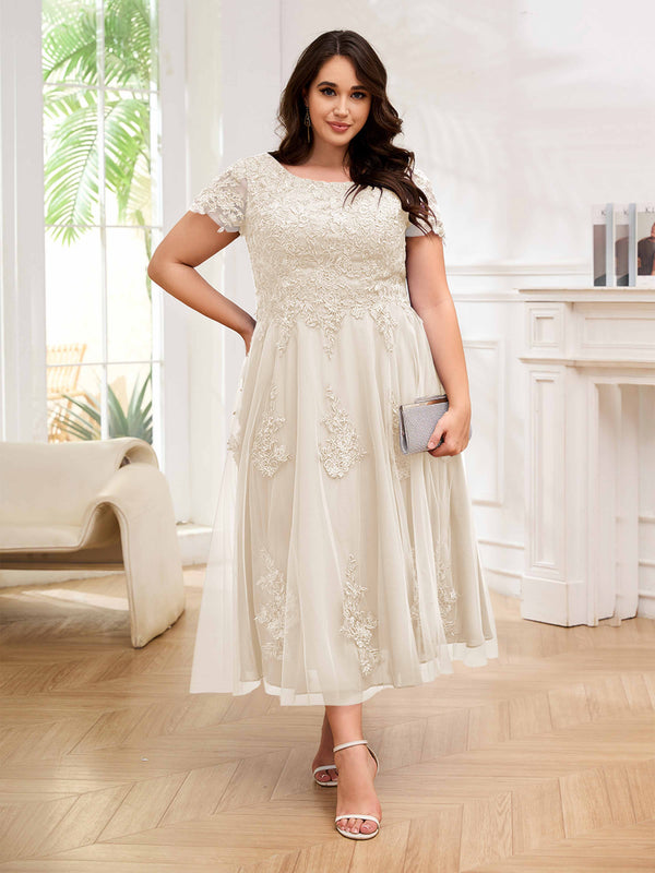 Fuchsia Majestic A-Line Short Sleeves Appliques Tulle Plus Size Mother Of The Bride Dresses