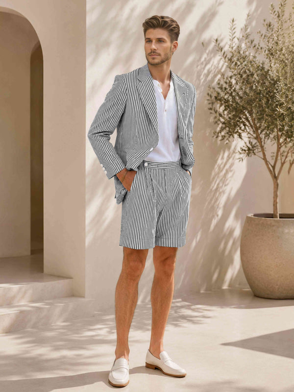 Black Men's Suit 2 Pieces Regular Fit Blazer and Tailored Shorts Summer Casual Vacation Outfit with Lapel Shirt Style