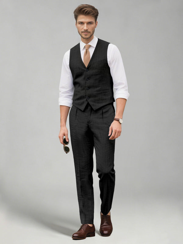 Black Men's Suits Linen 2 Pieces Slim Fit Single Breasted Vest & Pants Set for Wedding Beach