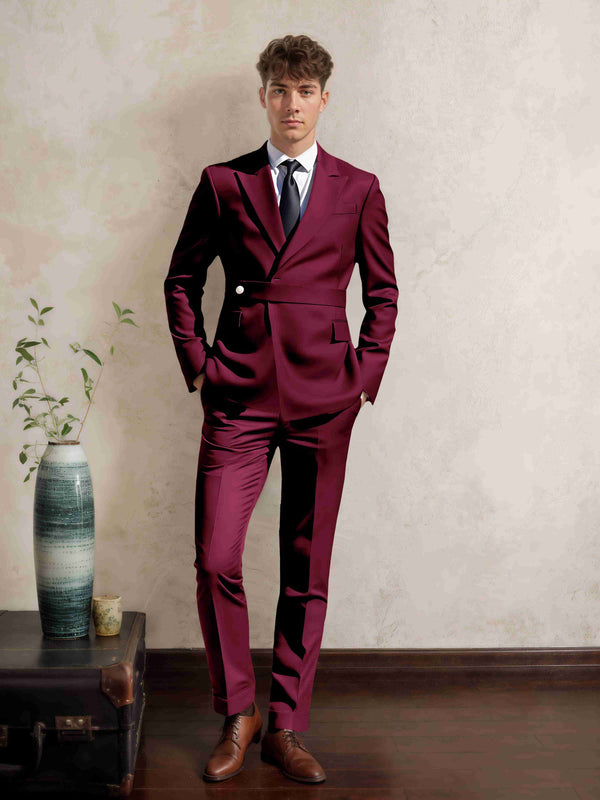 Burgundy Men's Suits 2 Pieces Classic Fit One Button Peak Lapel Groom Suits