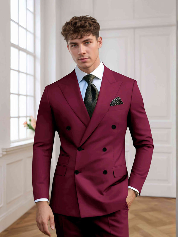 Burgundy Men's Suits 2 Pieces Slim Fit Double Breasted Groom Outfit
