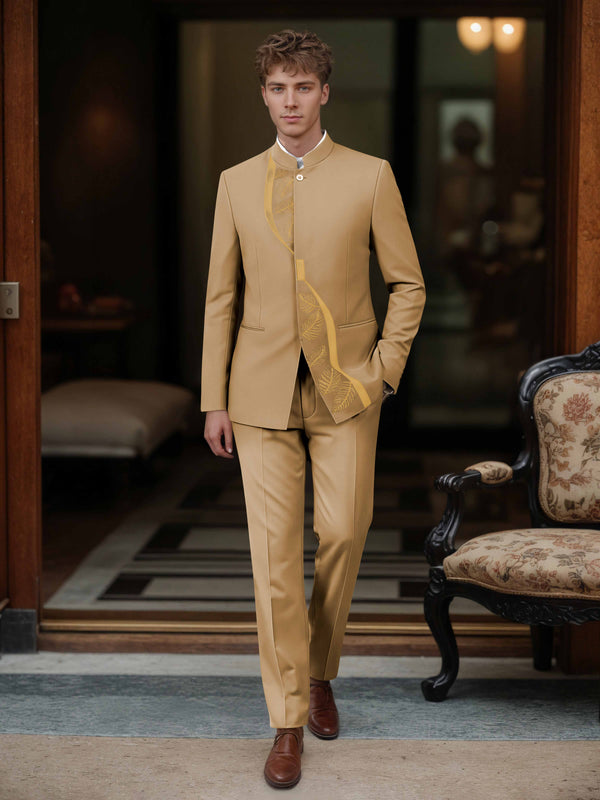 Gold Men's Suits 2 Pieces Modern Style Mandarin Collar Embroidered Formal Wear
