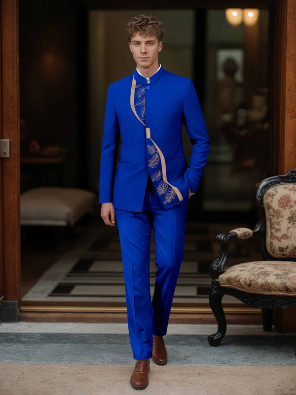 Royal Blue Men’s Suits 2 Piece Modern Style Mandarin Collar Gold Embroidery Formal Suit