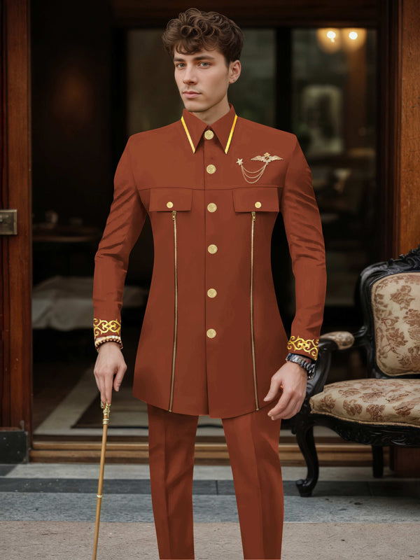 Rust Men's Suits 2 Piece Modern Style Structured Collar Embroidered Formal Wear