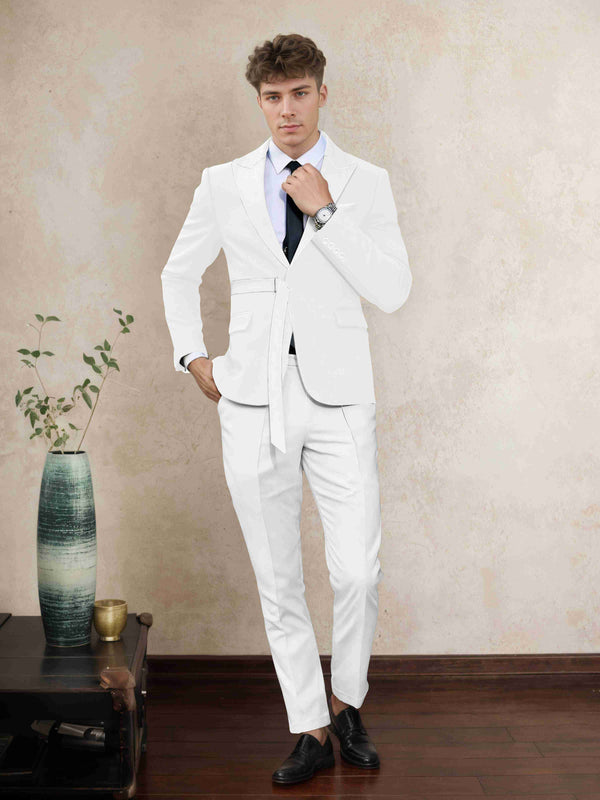 White Men's Suits 2 Pieces Tailored Fit One Button Peak Lapel Contrast Belted Formal Wear for Special Occasions