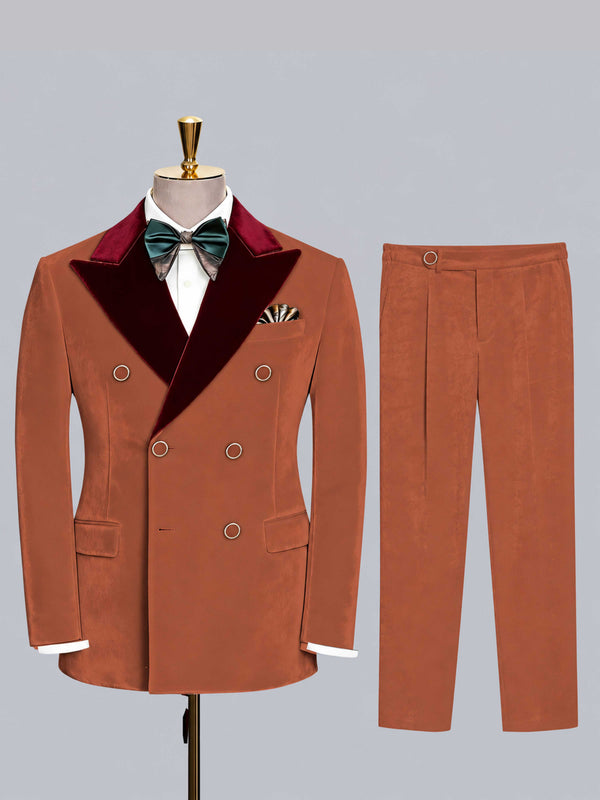 Burnt Orange Men's Suit 2 Pieces Tailored Fit Double Breasted Velvet Formal Suit with Contrast Peak Lapel for Groom Wedding