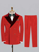 Men's Suit 2 Pieces Tailored Fit Double Breasted Velvet Formal Suit with Contrast Peak Lapel for Groom Wedding Evening Occasions