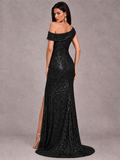 Mermaid One Shoulder Sequin Sleeveless Evening Dress with Split Side
