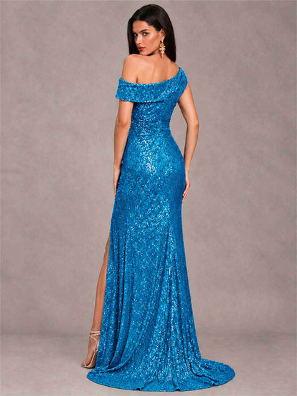 Mermaid One Shoulder Sequin Sleeveless Evening Dress with Split Side
