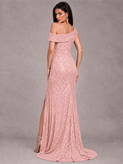 Mermaid One Shoulder Sequin Sleeveless Evening Dress with Split Side