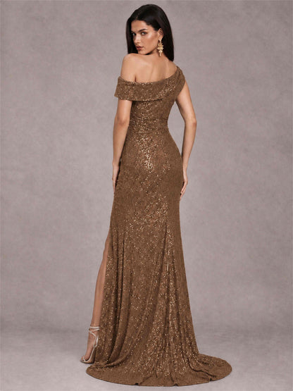 Mermaid One Shoulder Sequin Sleeveless Evening Dress with Split Side