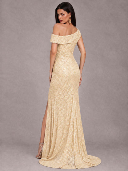 Mermaid One Shoulder Sequin Sleeveless Evening Dress with Split Side