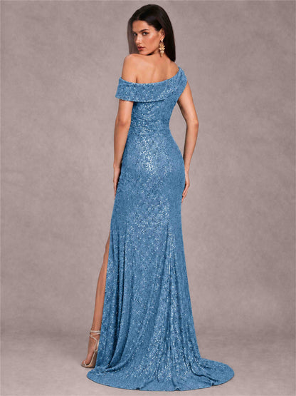 Mermaid One Shoulder Sequin Sleeveless Evening Dress with Split Side
