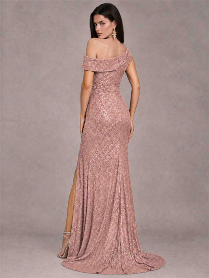 Mermaid One Shoulder Sequin Sleeveless Evening Dress with Split Side