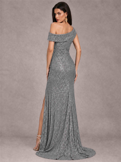Mermaid One Shoulder Sequin Sleeveless Evening Dress with Split Side