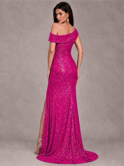 Mermaid One Shoulder Sequin Sleeveless Evening Dress with Split Side