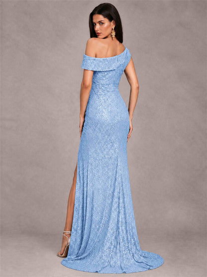 Mermaid One Shoulder Sequin Sleeveless Evening Dress with Split Side