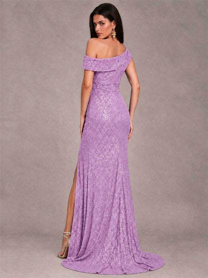 Mermaid One Shoulder Sequin Sleeveless Evening Dress with Split Side