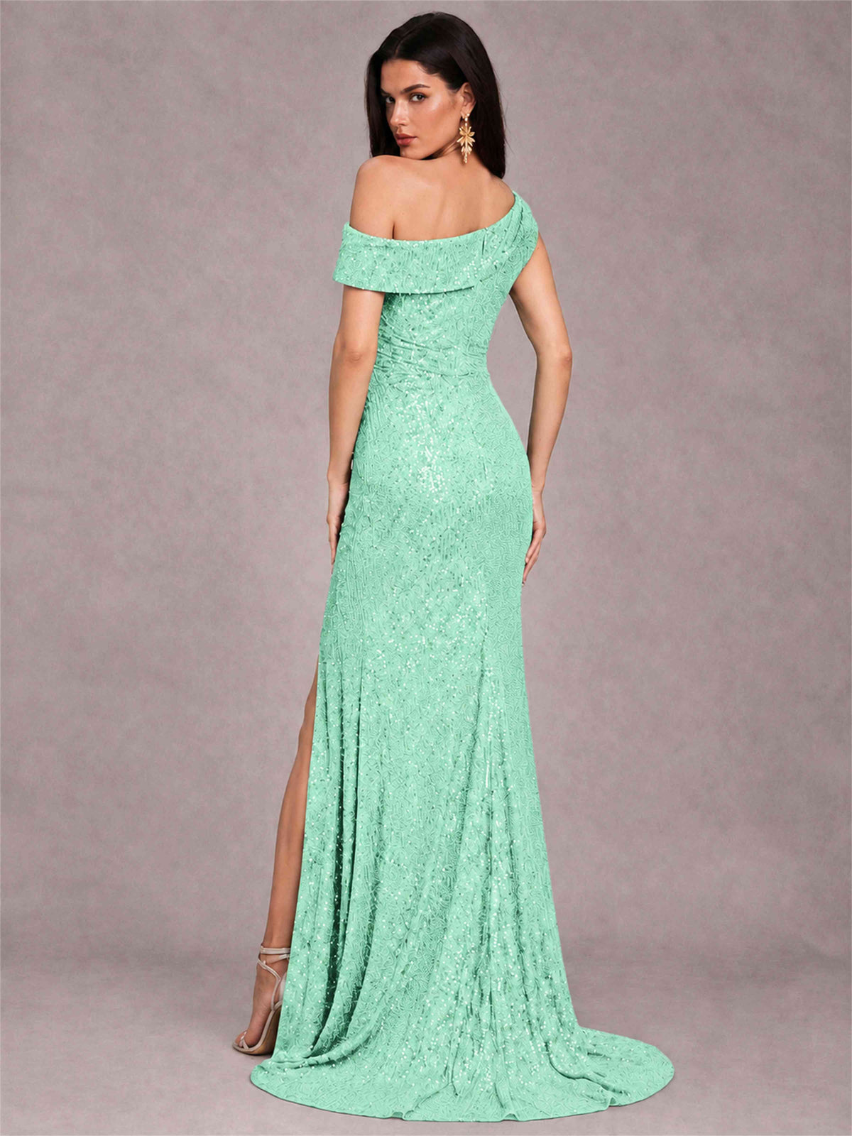 Mermaid One Shoulder Sequin Sleeveless Evening Dress with Split Side