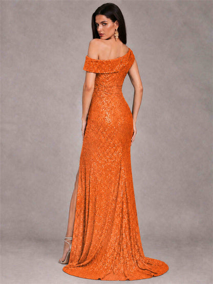 Mermaid One Shoulder Sequin Sleeveless Evening Dress with Split Side