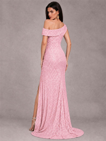 Mermaid One Shoulder Sequin Sleeveless Evening Dress with Split Side