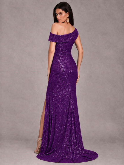 Mermaid One Shoulder Sequin Sleeveless Evening Dress with Split Side