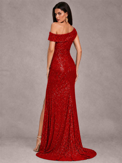 Mermaid One Shoulder Sequin Sleeveless Evening Dress with Split Side