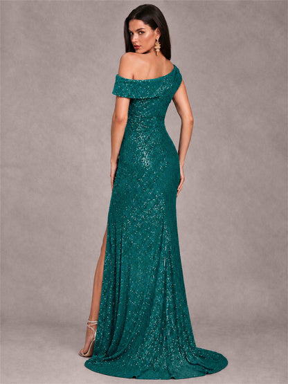 Mermaid One Shoulder Sequin Sleeveless Evening Dress with Split Side