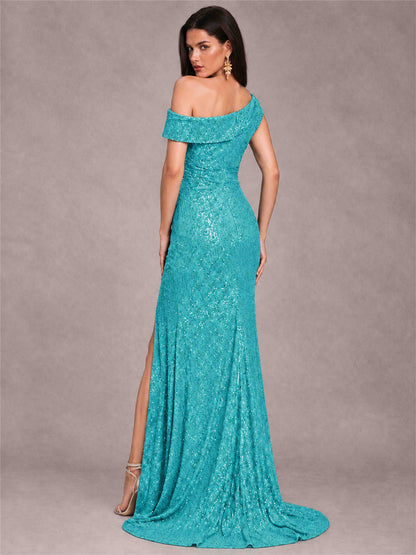 Mermaid One Shoulder Sequin Sleeveless Evening Dress with Split Side