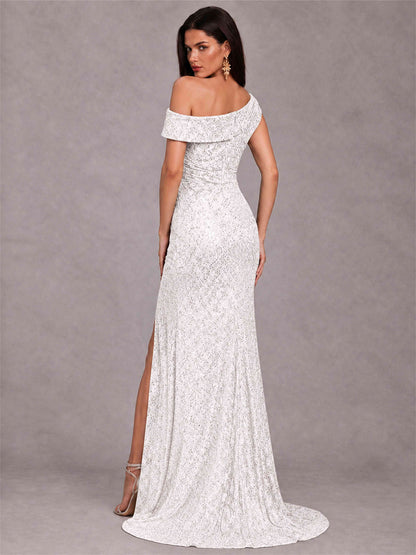 Mermaid One Shoulder Sequin Sleeveless Evening Dress with Split Side