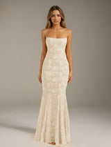 Free Shipping Trumpet/Mermaid Spaghetti Strap Sleeveless Floor-Length Floral Lace Long Bridesmaid Dresses