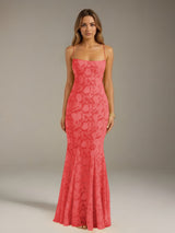 Free Shipping Trumpet/Mermaid Spaghetti Strap Sleeveless Floor-Length Floral Lace Long Bridesmaid Dresses