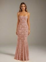 Free Shipping Trumpet/Mermaid Spaghetti Strap Sleeveless Floor-Length Floral Lace Long Bridesmaid Dresses
