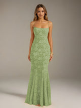Free Shipping Trumpet/Mermaid Spaghetti Strap Sleeveless Floor-Length Floral Lace Long Bridesmaid Dresses