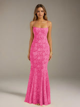 Free Shipping Trumpet/Mermaid Spaghetti Strap Sleeveless Floor-Length Floral Lace Long Bridesmaid Dresses