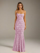 Free Shipping Trumpet/Mermaid Spaghetti Strap Sleeveless Floor-Length Floral Lace Long Bridesmaid Dresses