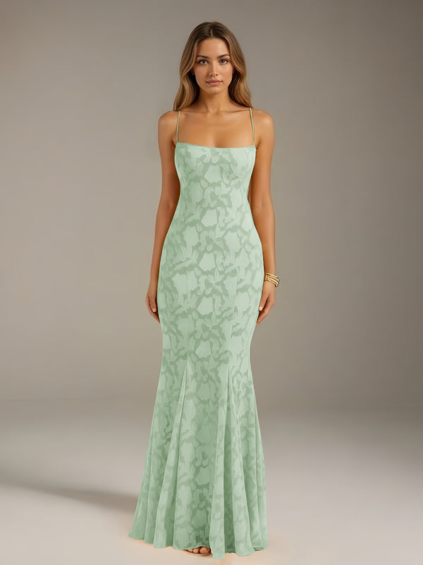 Mint Green Free Shipping Trumpet/Mermaid Spaghetti Strap Sleeveless Floor-Length Floral Lace Long Bridesmaid Dresses