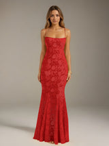 Free Shipping Trumpet/Mermaid Spaghetti Strap Sleeveless Floor-Length Floral Lace Long Bridesmaid Dresses