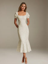 Free Shipping Mermaid Square-Neck Tea-Length Puff Sleeve Floral Lace Formal Dress