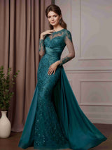 Mermaid/Trumpet Jewel Neck Long Sleeves Floor-Length Mother of the Bride Dresses with Ruched, Sequins & Lace Appliques
