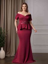 Mermaid/Trumpet Off-The-Shoulder Short Sleeves Floor-Length Plus Size Mother of the Bride Dresses with Sequins & Appliques
