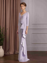 Mermaid/Trumpet V-Neck 3/4 Length Sleeves Floor-Length Mother of the Bride Dresses with Ruffles