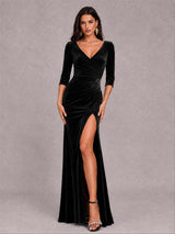 Mermaid V-Neck Three-Quarter Sleeves Velvet Evening Dress with Split Side