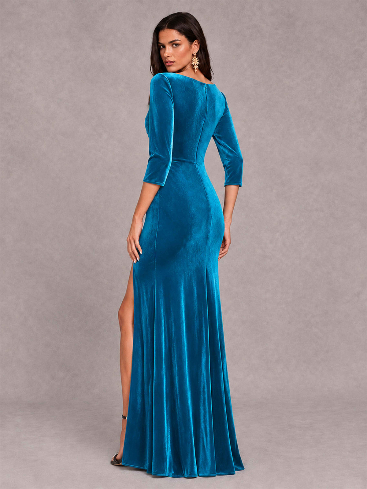 Mermaid V-Neck Three-Quarter Sleeves Velvet Evening Dress with Split Side