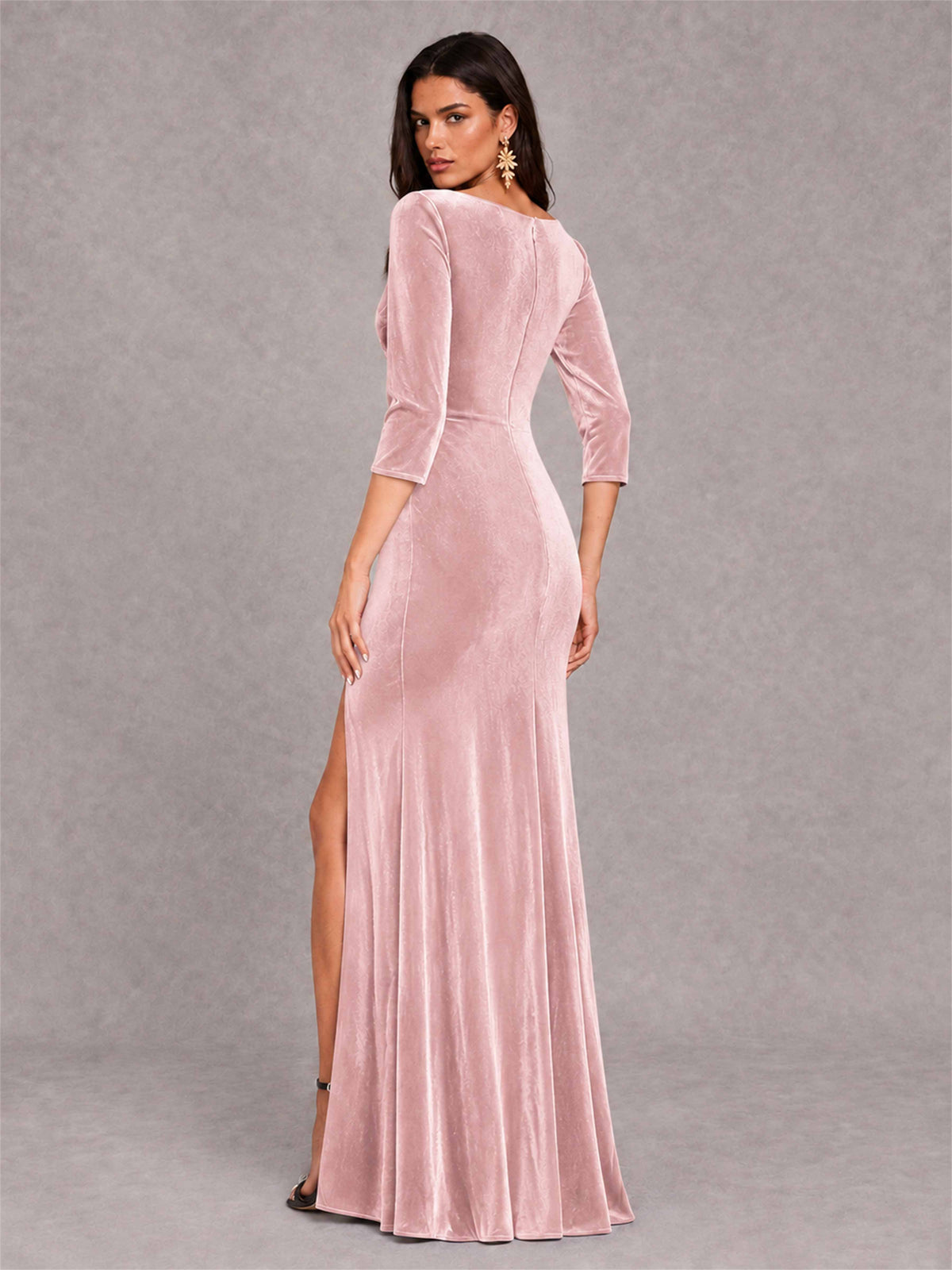Mermaid V-Neck Three-Quarter Sleeves Velvet Evening Dress with Split Side