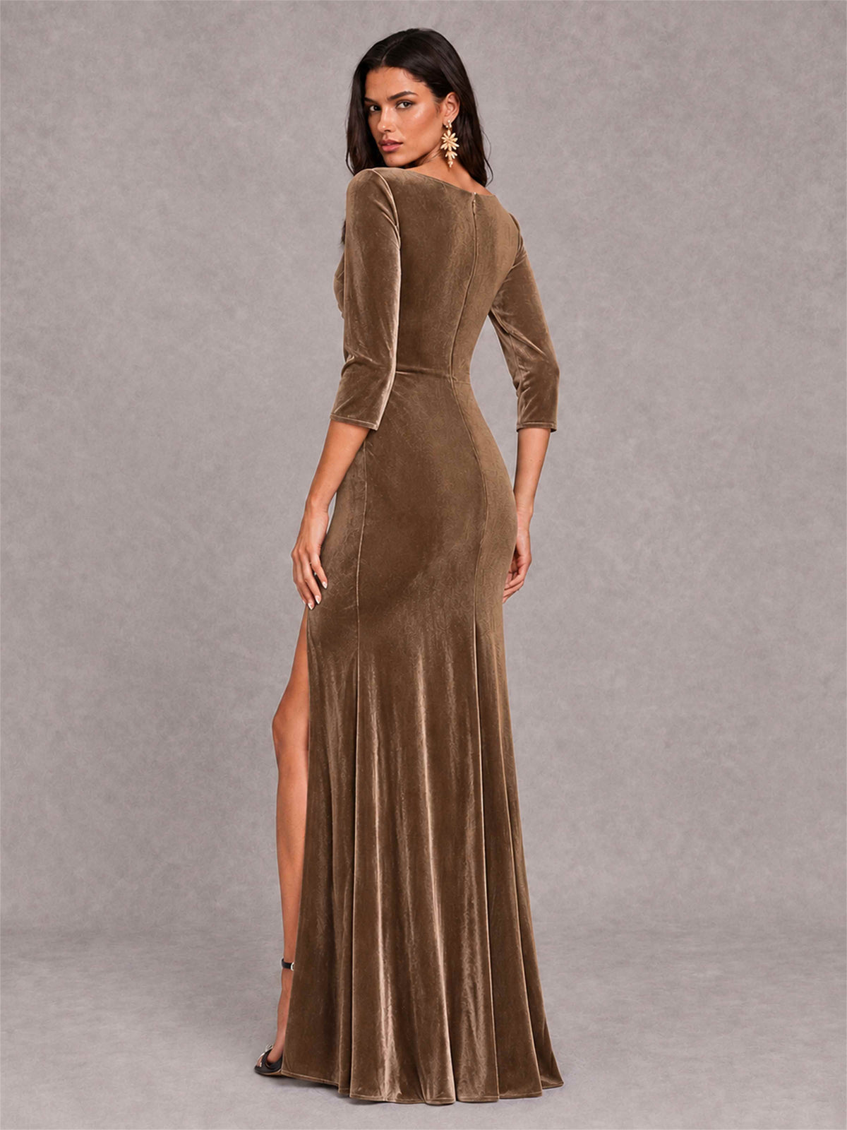 Mermaid V-Neck Three-Quarter Sleeves Velvet Evening Dress with Split Side