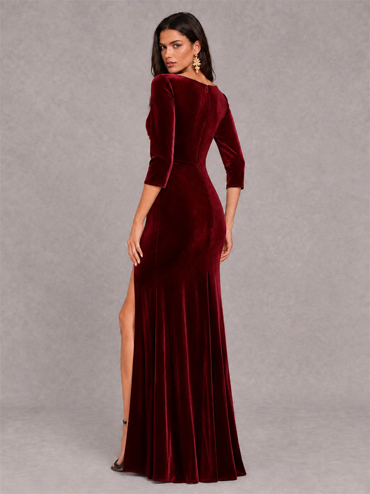 Mermaid V-Neck Three-Quarter Sleeves Velvet Evening Dress with Split Side