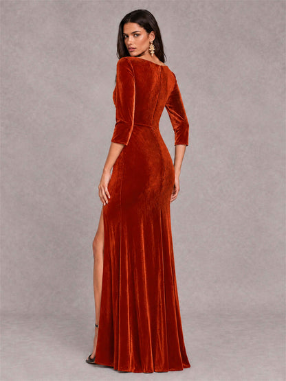 Mermaid V-Neck Three-Quarter Sleeves Velvet Evening Dress with Split Side