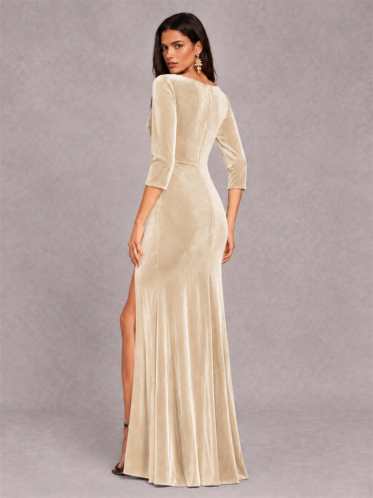 Mermaid V-Neck Three-Quarter Sleeves Velvet Evening Dress with Split Side